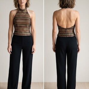 Women’s Vintage 90’s Cache Metallic Striped Halter Top in Black, Gold&Red-Size 6